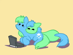 Size: 1280x960 | Tagged: safe, artist:naivintage, oc, oc only, oc:brainstorm, oc:spearmint, pony, blob ponies, computer, cute, laptop computer, snuggling, twins