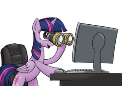 Size: 1200x850 | Tagged: safe, artist:anearbyanimal, twilight sparkle, alicorn, pony, g4, binoculars, chair, computer, computer mouse, eyes on the prize, female, hoof hold, keyboard, leaning, mare, monitor, open mouth, open smile, ponified, reaction image, simple background, smiling, solo, twilight sparkle (alicorn), white background