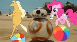 Size: 548x300 | Tagged: safe, pinkie pie, g4, adventure time, ball, bb-8, beach ball, crossover, droid, james baxter, james baxter the horse, male, star wars, star wars: the force awakens