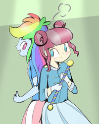 Size: 800x1000 | Tagged: safe, artist:fromamida, majorette, rainbow dash, sweeten sour, equestria girls, g4, my little pony equestria girls: friendship games, back to back, background human, blushing, clothes, shipping, skirt, sweetendash