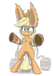 Size: 1200x1700 | Tagged: safe, artist:heir-of-rick, applejack, earth pony, pony, g4, barrel, bipedal, cannon, chest fluff, cider, female, grin, impossibly large ears, newbie artist training grounds, sketch, solo