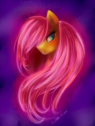 Size: 1288x1715 | Tagged: safe, artist:rick-wombat, fluttershy, pony, g4, bedroom eyes, bust, colored pupils, female, glowing, neon, pretty, smiling, solo