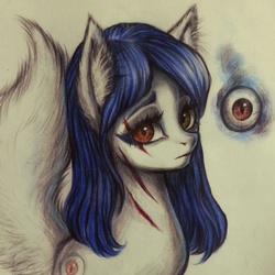 Size: 960x960 | Tagged: safe, artist:su50, oc, oc only, oc:hanna, oc:maitta, sea pony, ear fluff, eye, eye scar, heterochromia, scar, solo, traditional art