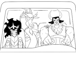 Size: 350x263 | Tagged: safe, artist:commissarbu, discord, king sombra, lord tirek, centaur, draconequus, pony, umbrum, unicorn, g4, animated, car, frame by frame, looking at you, male, monochrome, night at the roxbury, trio, trio male, what is love