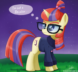 Size: 1871x1742 | Tagged: safe, artist:the-butch-x, moondancer, pony, unicorn, g4, clothes, denial, dialogue, discussion in the comments, female, glasses, mare, signature, solo, speech bubble