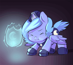 Size: 540x480 | Tagged: safe, artist:ende26, princess luna, alicorn, pony, g4, :i, animated, barrier, cute, ende will be the end of us, eyes closed, female, filly, helmet, hilarious in hindsight, lunabetes, magic, puffy cheeks, scrunchy face, shield, solo, wavy mouth, woona, woona knight