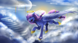 Size: 1280x709 | Tagged: safe, artist:oblivionheart13, oc, oc only, oc:light grace, cloud, cloudy, eyes closed, flying, halo, sky, solo