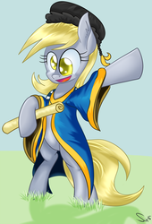 Size: 1021x1500 | Tagged: safe, artist:sintakhra, derpy hooves, pony, g4, bipedal, clothes, diploma, female, graduation, hat, newbie artist training grounds, robe, solo