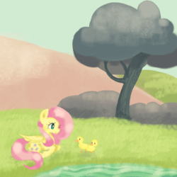 Size: 1024x1024 | Tagged: safe, artist:chiuuchiuu, fluttershy, g4, duckling, lake, tree