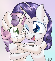 Size: 1130x1250 | Tagged: safe, artist:sintakhra, rarity, sweetie belle, g4, hug, sisters