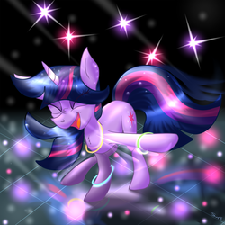 Size: 1250x1250 | Tagged: safe, artist:sintakhra, twilight sparkle, g4, dance floor, dancing, female, glow rings, rave, solo