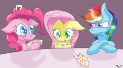 Size: 2000x1109 | Tagged: safe, artist:sintakhra, fluttershy, pinkie pie, rainbow dash, g4, playing card, poker