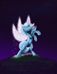 Size: 2550x3300 | Tagged: safe, artist:gunslingerpen, trixie, pony, unicorn, g4, artificial wings, augmented, female, high res, magic, magic wings, mare, night, solo, stars, upright, wings
