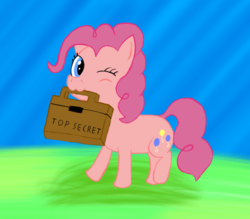 Size: 754x659 | Tagged: safe, artist:zztfox, pinkie pie, g4, :3, female, grass, mouth hold, one eye closed, sky, solo, suitcase, top secret, wink