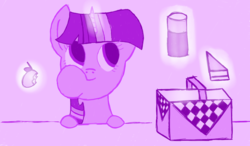 Size: 1280x750 | Tagged: safe, artist:zztfox, twilight sparkle, g4, apple, eating, female, glowing horn, horn, picnic basket, sandwich, solo