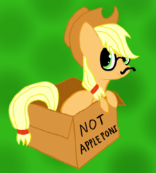 Size: 496x552 | Tagged: safe, artist:zztfox, applejack, g4, box, disguise, female, glasses, moustache, seems legit, solo