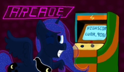 Size: 1280x750 | Tagged: safe, artist:zztfox, princess luna, gamer luna, g4, arcade, arcade game, female, highscore, solo, winning