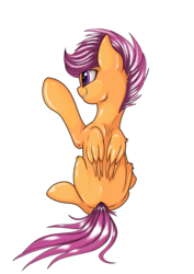 Size: 4962x7020 | Tagged: safe, artist:yellowrobin, scootaloo, pegasus, pony, g4, absurd resolution, digital art, female, filly, foal, folded wings, raised hoof, rear view, simple background, sitting, smiling, solo, transparent background, waving, wings