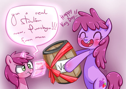 Size: 1101x778 | Tagged: safe, artist:frankier77, berry punch, berryshine, ruby pinch, earth pony, pony, unicorn, g4, bad parenting, bipedal, birthday, birthday card, birthday gift, blushing, drunk, duo, duo female, female, hind legs, hoof blush, keg, legs together, mother and child, mother and daughter