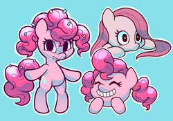 Size: 2557x1790 | Tagged: dead source, safe, artist:gatodelfuturo, pinkie pie, earth pony, pony, g4, bipedal, blue background, cute, diapinkes, eyes closed, female, happy, looking at you, pinkamena diane pie, simple background, smiling, solo, triality