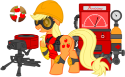 Size: 1752x1086 | Tagged: safe, artist:nikkikitty44, applejack, earth pony, pony, g4, crossover, dispenser, engiejack, engineer, engineer (tf2), female, mare, sentry, sentry gun, simple background, solo, team fortress 2, transparent background, vector