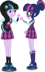 Size: 3391x5409 | Tagged: safe, artist:dashiemlpfim, artist:xebck, sci-twi, twilight sparkle, oc, oc:twivine sparkle, equestria girls, g4, my little pony equestria girls: friendship games, absurd resolution, clothes, clothes swap, commission, crystal prep academy, crystal prep academy uniform, crystal prep shadowbolts, equestria girls-ified, glasses, open mouth, pleated skirt, school uniform, simple background, skirt, transparent background, waving