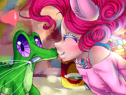 Size: 1024x768 | Tagged: safe, artist:iponylover, gummy, pinkie pie, alligator, human, g4, the lost treasure of griffonstone, blushing, cute, diapinkes, duo, eared humanization, egg beater, eyes closed, heart, humanized, kissing, mouth hold, profile, scene interpretation, shoulderless