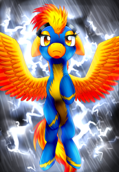Size: 2700x3900 | Tagged: safe, artist:scarlet-spectrum, spitfire, pony, g4, belly, female, floppy ears, high res, lightning, solo, spread wings, storm, wings, wonderbolts uniform