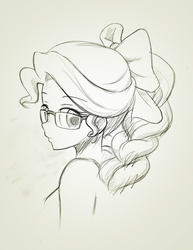 Size: 1168x1510 | Tagged: safe, artist:twilite-sparkleplz, sunset shimmer, equestria girls, g4, alternate hairstyle, bow, female, glasses, hair bow, monochrome, solo, traditional art