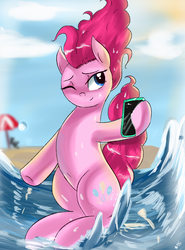 Size: 2000x2700 | Tagged: safe, artist:mrscurlystyles, pinkie pie, earth pony, pony, g4, beach, female, high res, hoof hold, one eye closed, phone, selfie, smartphone, solo, water, wink