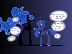 Size: 2048x1536 | Tagged: safe, artist:glasswindow1337, nightmare moon, princess luna, g4, blank flank, duality, eye contact, frown, missing accessory, open mouth, raised hoof