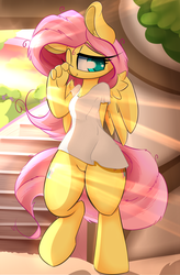 Size: 2000x3050 | Tagged: safe, artist:madacon, fluttershy, pegasus, anthro, unguligrade anthro, g4, bottomless, chest fluff, clothes, crepuscular rays, cute, featureless crotch, female, fluffy, high res, looking at you, messy mane, raised leg, shirt, shyabetes, sleepy, smiling, solo, wink