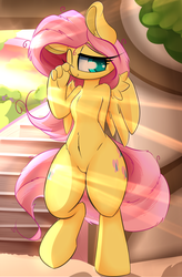 Size: 1259x1920 | Tagged: safe, artist:madacon, fluttershy, pegasus, anthro, unguligrade anthro, g4, belly button, chest fluff, crepuscular rays, cute, featureless crotch, female, fluffy, looking at you, messy mane, raised leg, shyabetes, sleepy, smiling, solo, wink