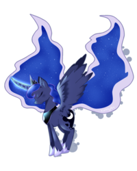 Size: 1280x1600 | Tagged: safe, artist:konnyart, princess luna, alicorn, pony, g4, curved horn, ear fluff, eyes closed, female, horn, magic, simple background, solo, spread wings, transparent background