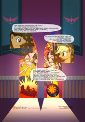 Size: 3541x5016 | Tagged: safe, artist:gashiboka, applejack, doctor whooves, time turner, twilight sparkle, alicorn, changeling, pony, comic:recall the time of no return, g4, comic, female, implied tyrant sparkle, mare, patreon, patreon logo, stained glass, twilight sparkle (alicorn)