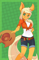 Size: 1100x1700 | Tagged: safe, artist:zowieblaze, applejack, earth pony, anthro, g4, breasts, busty applejack, clothes, female, front knot midriff, midriff, shirt, shorts, solo