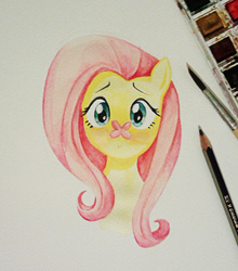 Size: 1400x1593 | Tagged: safe, artist:verygood91, fluttershy, butterfly, g4, :>, blushing, butterfly on nose, cute, female, insect on nose, looking at you, shyabetes, solo, traditional art, watercolor painting
