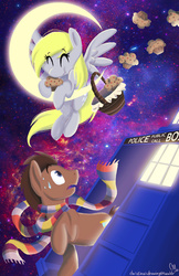 Size: 900x1391 | Tagged: safe, artist:romaniz, derpy hooves, doctor whooves, time turner, earth pony, pony, g4, clothes, doctor who, eyes closed, male, moon, muffin, scarf, space, stallion, sweat, tangible heavenly object, tardis