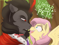 Size: 1000x750 | Tagged: safe, artist:evehly, fluttershy, king sombra, pegasus, pony, unicorn, g4, boop, dialogue, duo, eye contact, female, frown, heart, how about no, male, nose wrinkle, noseboop, open mouth, ship:sombrashy, shipping, smiling, spread wings, straight, unamused, wide eyes