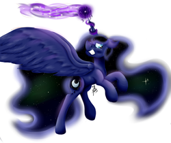 Size: 1550x1300 | Tagged: safe, artist:missadric2, princess luna, g4, female, floppy ears, gritted teeth, magic, rearing, simple background, solo, spread wings