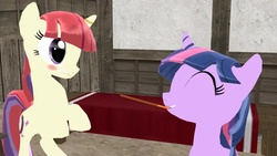 Size: 640x360 | Tagged: safe, moondancer, twilight sparkle, pony, unicorn, g4, 3d, female, lesbian, mmd, pocky, ship:twidancer, shipping