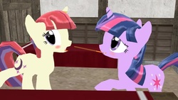 Size: 640x360 | Tagged: safe, moondancer, twilight sparkle, g4, 3d, blushing, female, lesbian, mmd, pocky, ship:twidancer, shipping