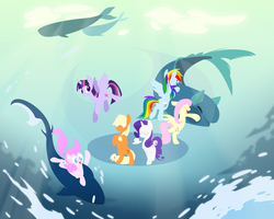 Size: 2000x1600 | Tagged: safe, artist:boardofwordplay, applejack, fluttershy, pinkie pie, rainbow dash, rarity, twilight sparkle, alicorn, fish, pony, g4, female, mane six, mare, twilight sparkle (alicorn), underwater