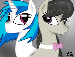 Size: 1024x768 | Tagged: safe, artist:skyhiperfury, dj pon-3, octavia melody, vinyl scratch, g4, looking at each other