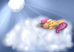 Size: 1000x703 | Tagged: safe, artist:catavenger, scootaloo, pegasus, pony, g4, cloud, eyes closed, female, floppy ears, moon, moonlight, prone, sleeping, solo