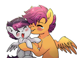 Size: 1024x768 | Tagged: safe, artist:kianamai, scootaloo, oc, oc:echo (kilala), kilalaverse, g4, crying, cute, cutealoo, feels, hug, mama scoots, mother and daughter, next generation, ocbetes, offspring, parent:rumble, parent:scootaloo, parents:rumbloo, sad, sadorable, scootaloo can't fly, scootasad, story included