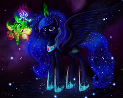 Size: 2247x1779 | Tagged: safe, artist:das_leben, oc, oc only, alicorn, pony, alicorn oc, fire, flower, glowing horn, horn, levitation, magic, night, not luna, smiling, solo, spread wings, stars, water