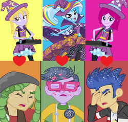 Size: 938x892 | Tagged: safe, flash sentry, fuchsia blush, lavender lace, micro chips, sandalwood, trixie, equestria girls, g4, my little pony equestria girls: friendship games, my little pony equestria girls: rainbow rocks, background human, crack shipping, female, fuchsiasentry, male, microtrix, sandalace, shipping, shipping domino, straight, triple shipping domino, trixie and the illusions