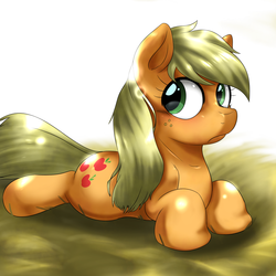 Size: 1000x1000 | Tagged: safe, artist:ushiro no kukan, applejack, earth pony, pony, g4, female, freckles, frown, hatless, loose hair, mare, missing accessory, prone, solo