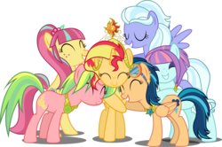 Size: 3500x2325 | Tagged: safe, artist:xebck, edit, vector edit, indigo zap, lemon zest, sour sweet, sugarcoat, sunny flare, sunset shimmer, alicorn, earth pony, pegasus, pony, unicorn, equestria girls, g4, magical mystery cure, my little pony equestria girls: friendship games, ^^, a true true friend, alicornified, alternate mane six, alternate universe, earth pony lemon zest, element of empathy, element of forgiveness, elements of harmony, equestria girls ponified, eyes closed, group, group hug, happy, high res, pegasus sugarcoat, ponified, race swap, shadow five, shimmercorn, simple background, smiling, transparent background, vector